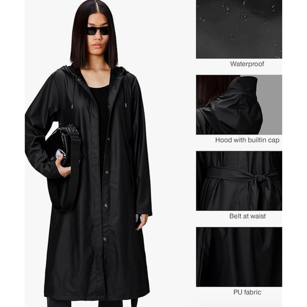RAINS A-Line Longer Jacket Lightweight Raincoat Women trench waterproof black L - Picture 5 of 7